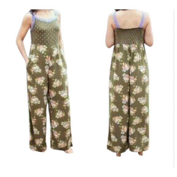 Matilda Jane Womens Olive Green Floral Wide Leg Jumpsuit Sleeveless Rayon Size M - Picture 2 of 14